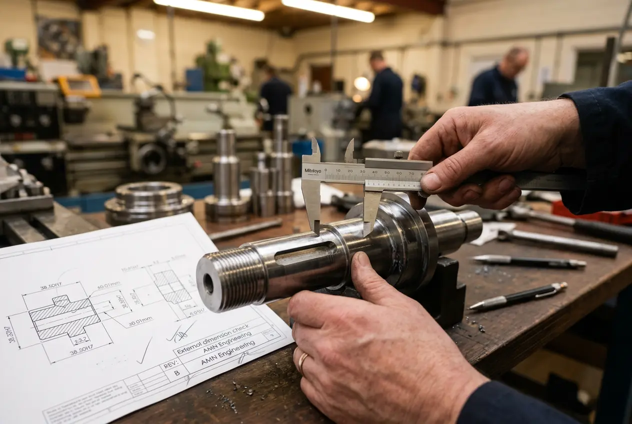 Quality control inspector at AMN Engineering checking CNC machined parts with vernier calipers and comparing against engineering drawing